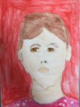 autoportrait réalisé en cours de dessin enfant, encadré par coraline Van Butsele, aux crayons de couleur aquarellables, aux ateliers créatifs de villers-cotterets