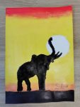Dessin enfant : Coucher de soleil afrique et silhouette d'animaux de la savane. Acrylique et encre de chine aux ateliers créatifs de Villers Cotterets